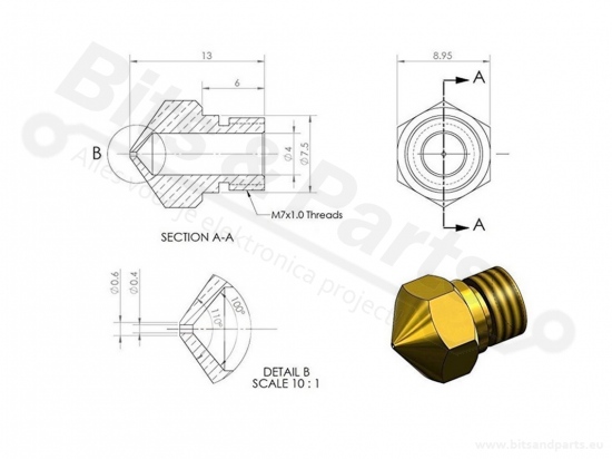 Heat block MK10 met heat break en nozzle 0,4mm